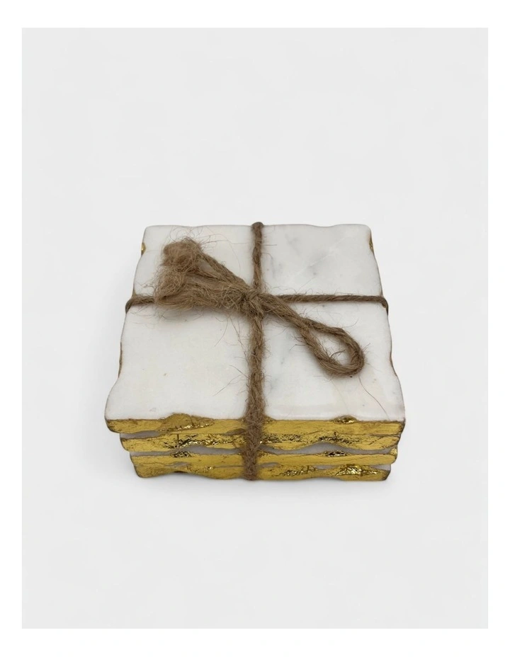 Hand Carved Marble Square Coasters With Gold Edging Set of 4 in White image 2
