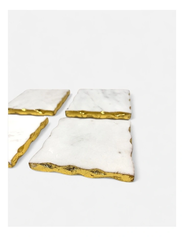 Hand Carved Marble Square Coasters With Gold Edging Set of 4 in White image 4
