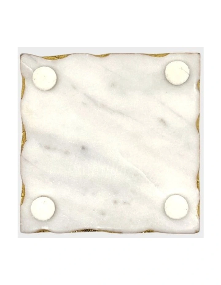 Hand Carved Marble Square Coasters With Gold Edging Set of 4 in White image 5