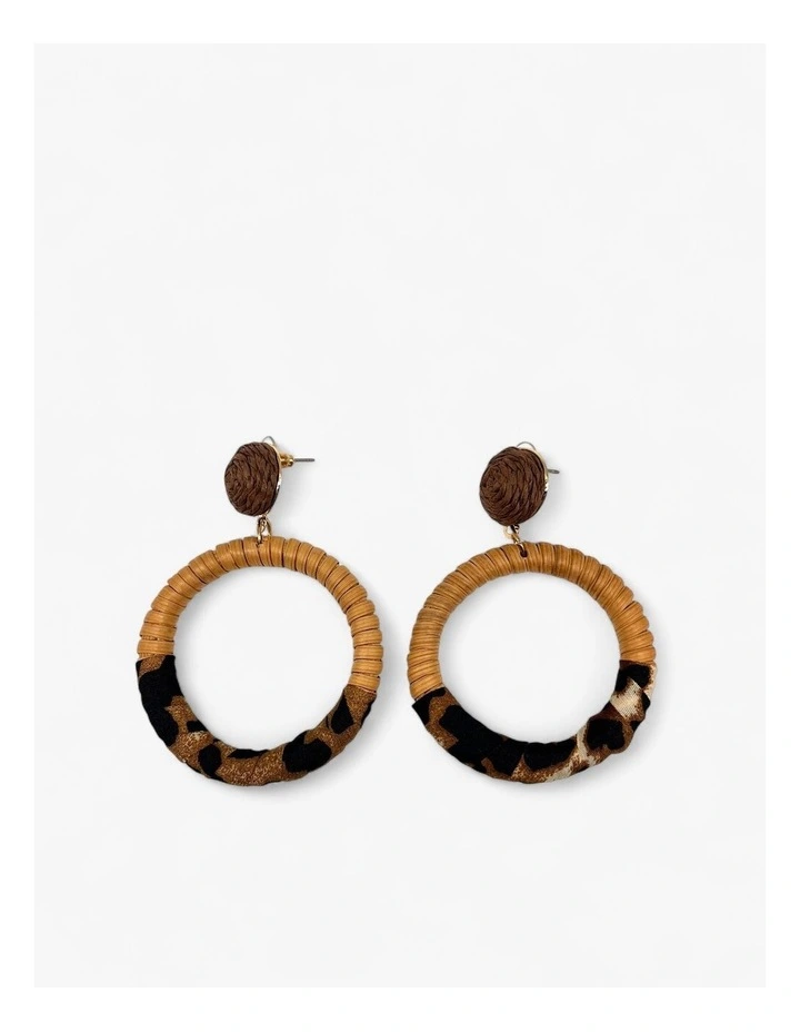 Boho Hoop Earrings with Rattan Wrap in Leopard Print Accent image 1