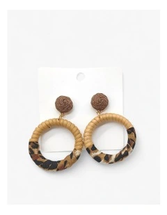 Boho Hoop Earrings with Rattan Wrap in Leopard Print Accent