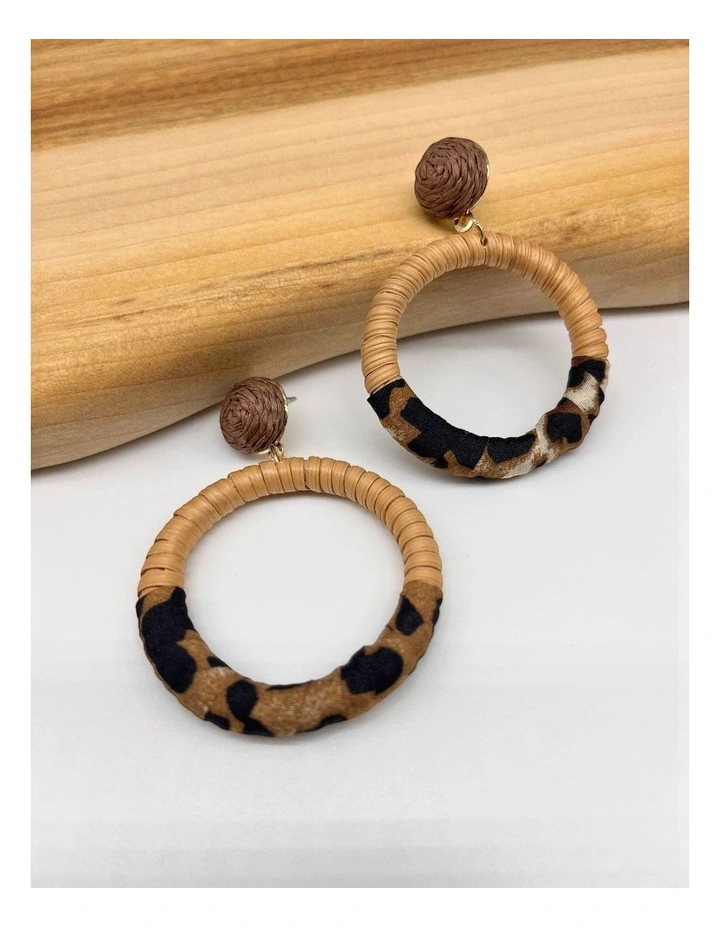 Boho Hoop Earrings with Rattan Wrap in Leopard Print Accent image 1