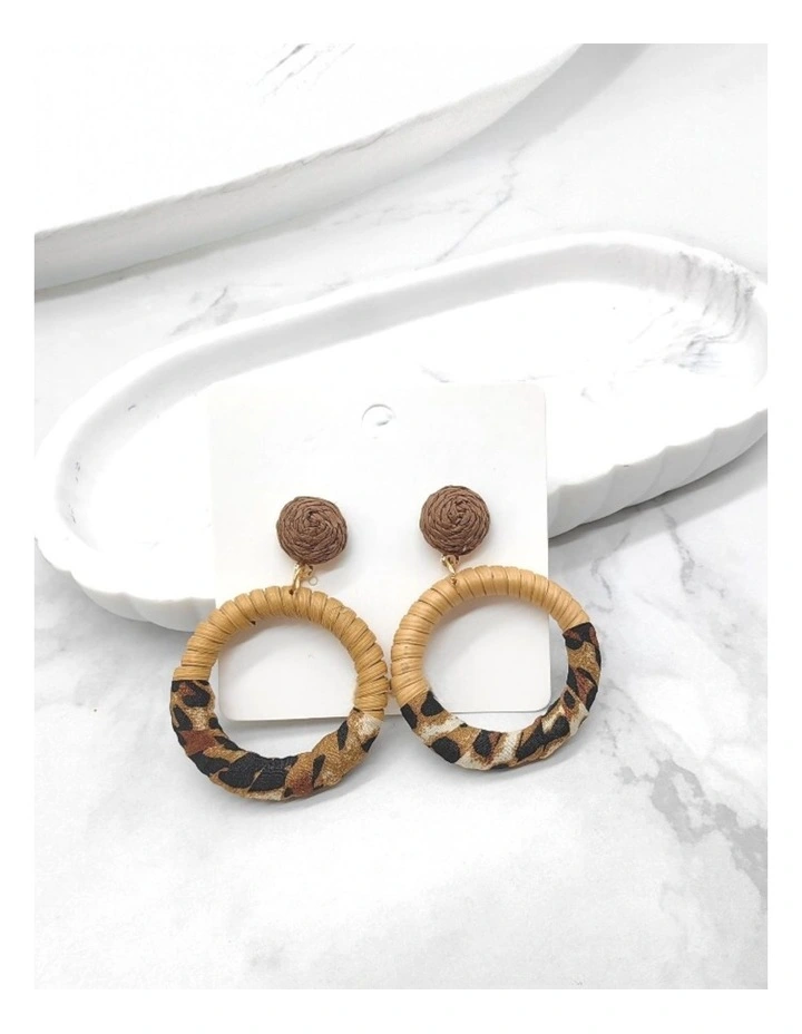 Boho Hoop Earrings with Rattan Wrap in Leopard Print Accent image 2