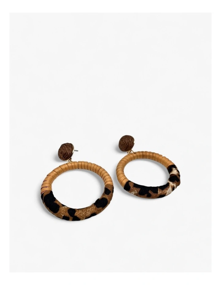 Boho Hoop Earrings with Rattan Wrap in Leopard Print Accent image 4