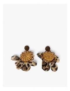 Boho Rattan And Leopard Print Statement Drop Earrings in Natural