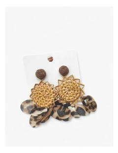 Boho Rattan And Leopard Print Statement Drop Earrings in Natural