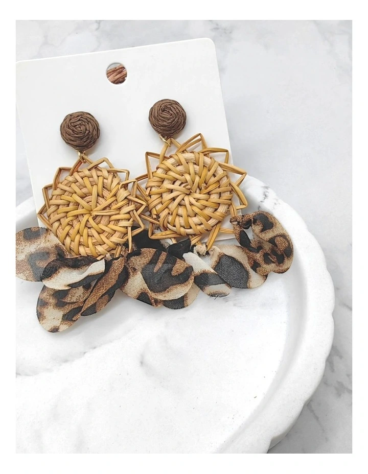 Boho Rattan And Leopard Print Statement Drop Earrings in Natural image 2