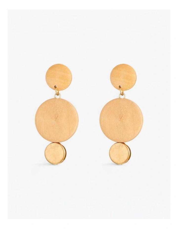 Geometric Wooden And Gold Drop Earrings in Beige image 1