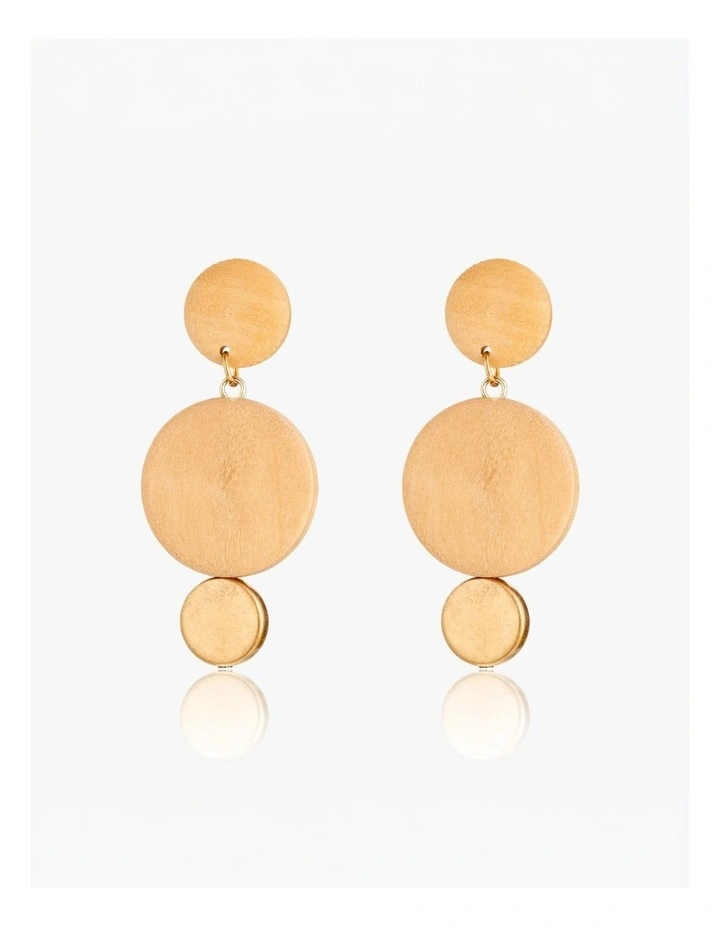 Geometric Wooden And Gold Drop Earrings in Beige image 2