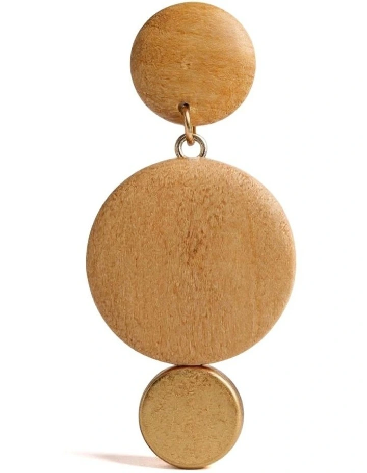 Geometric Wooden And Gold Drop Earrings in Beige image 3