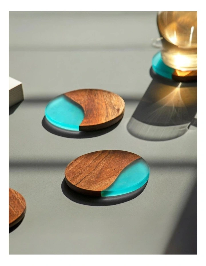 Luxury Feast Acacia Wood Coasters Set Of 4 in Turqouise image 2