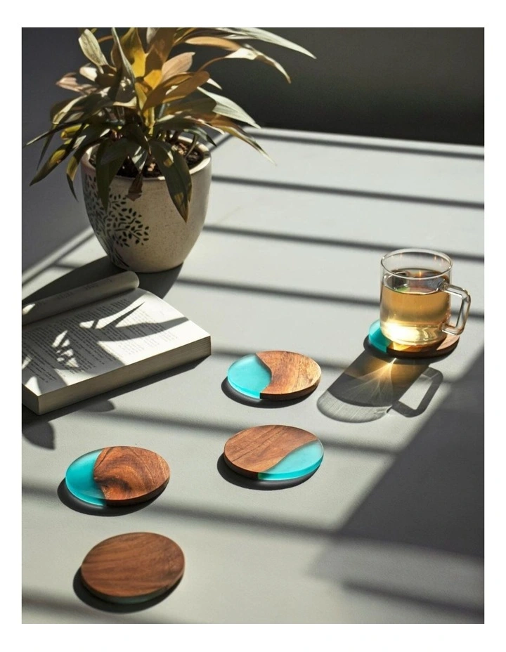 Luxury Feast Acacia Wood Coasters Set Of 4 in Turqouise image 3
