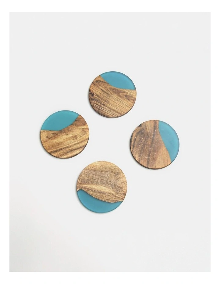 Luxury Feast Acacia Wood Coasters Set Of 4 in Turqouise image 5