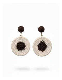 Crochet Statement Earrings in Dark Brown & White
