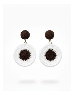 Crochet Statement Earrings in Dark Brown & White