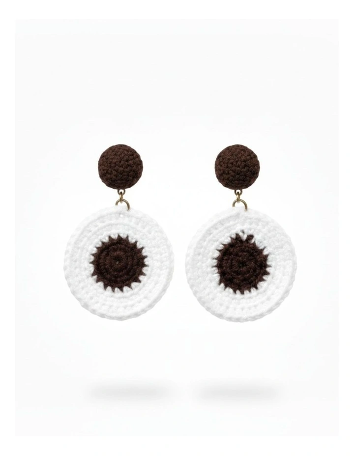 Crochet Statement Earrings in Dark Brown & White image 1
