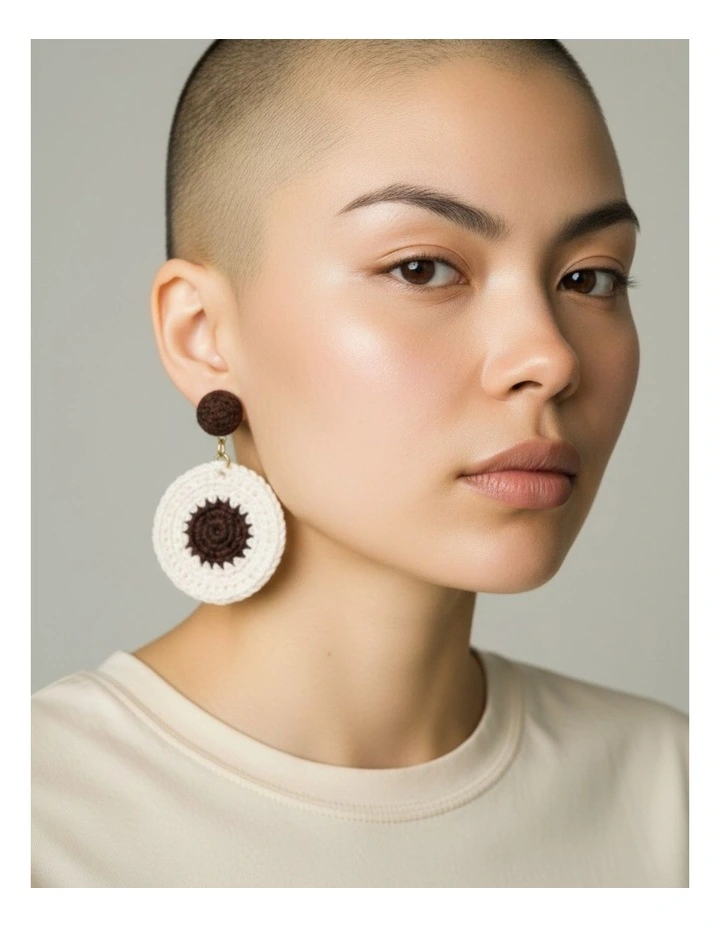 Crochet Statement Earrings in Dark Brown & White image 2