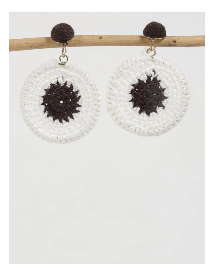 Crochet Statement Earrings in Dark Brown & White image 3