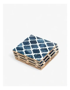 Lattice Pattern Wooden Coasters Set of 4 in Blue