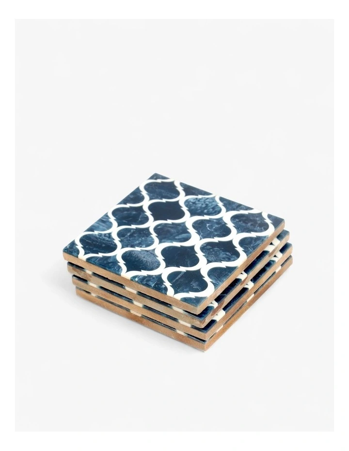 Lattice Pattern Wooden Coasters Set of 4 in Blue image 1