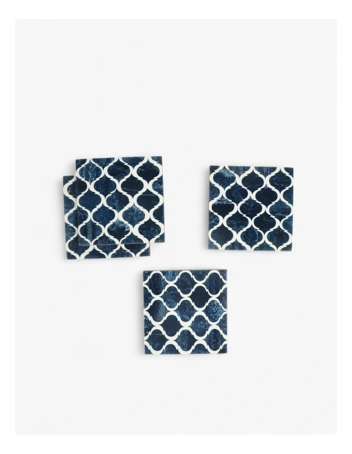 Lattice Pattern Wooden Coasters Set of 4 in Blue image 2