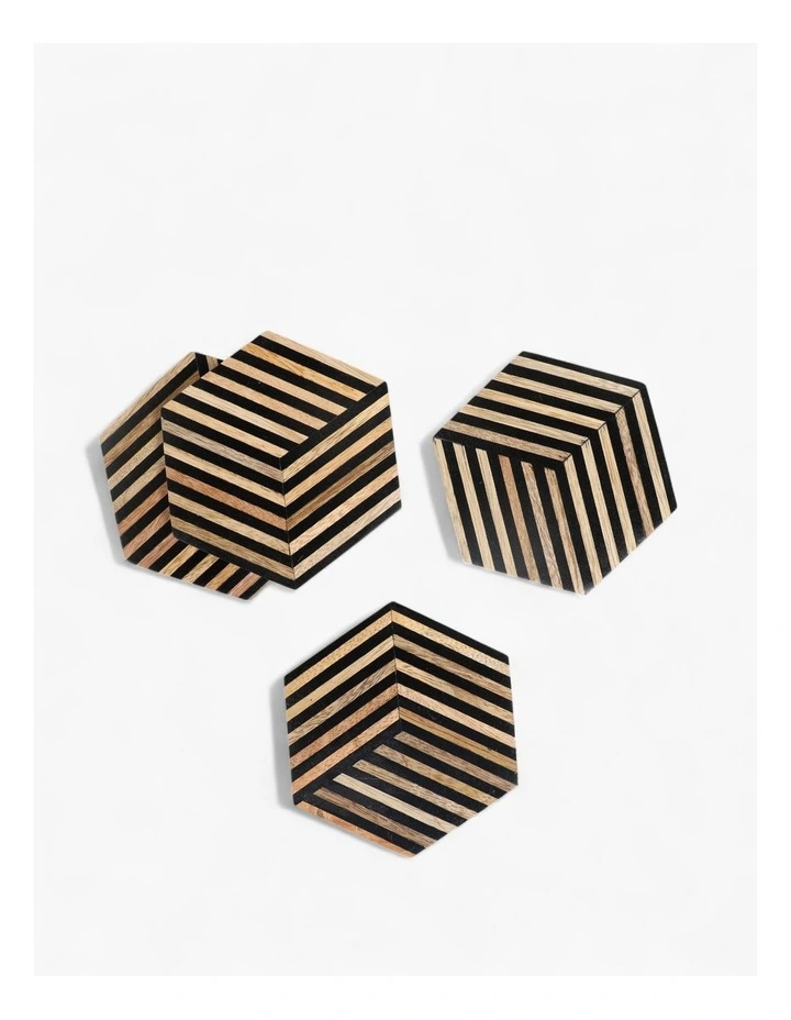 Hexagonal Striped Wood and Resin Coasters in Beige image 1
