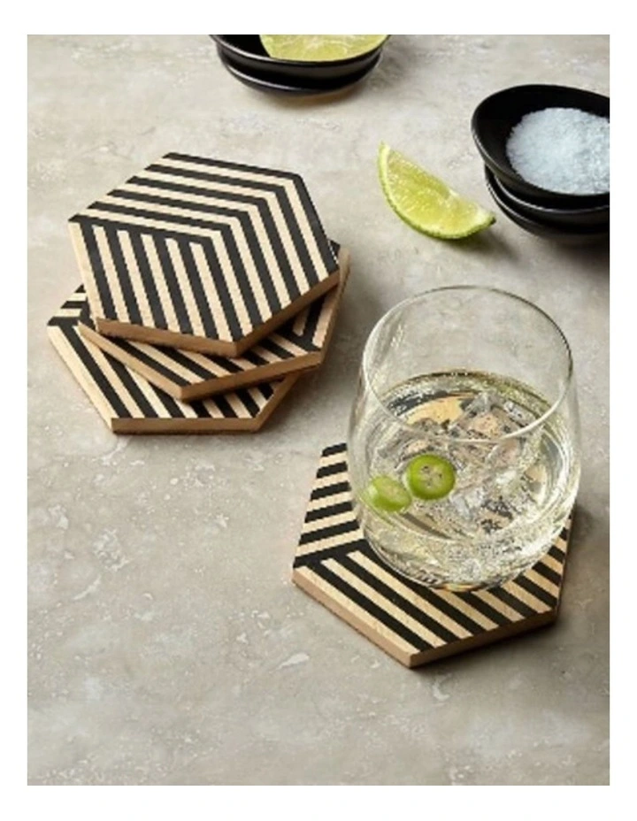 Hexagonal Striped Wood and Resin Coasters in Beige image 2