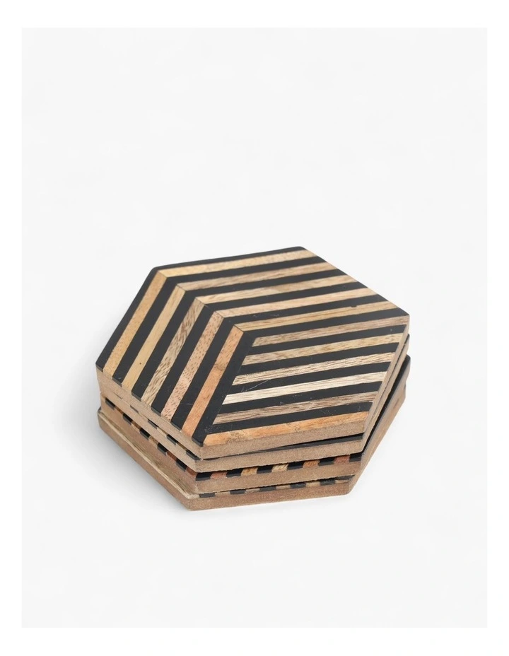 Hexagonal Striped Wood and Resin Coasters in Beige image 3