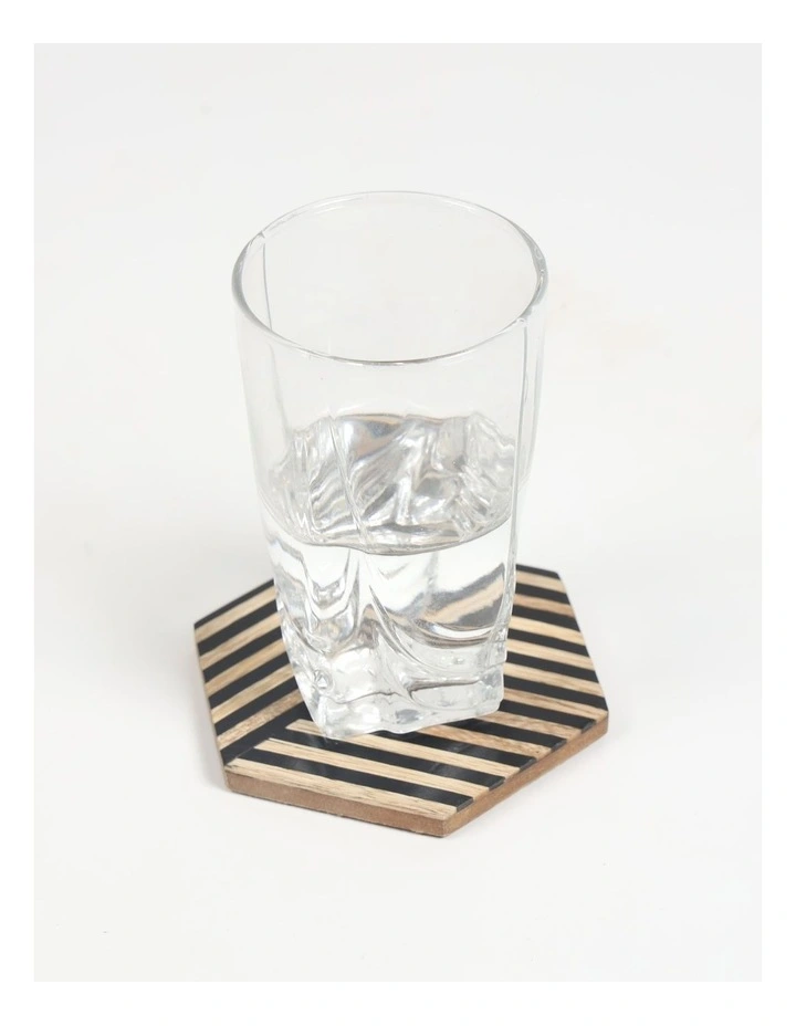 Hexagonal Striped Wood and Resin Coasters in Beige image 4