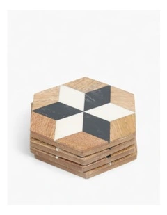 Artisanal Woodgrain Geometric Coasters Set of 4 in Beige