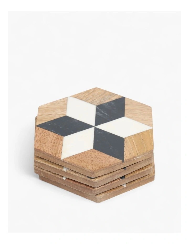 Artisanal Woodgrain Geometric Coasters Set of 4 in Beige image 1