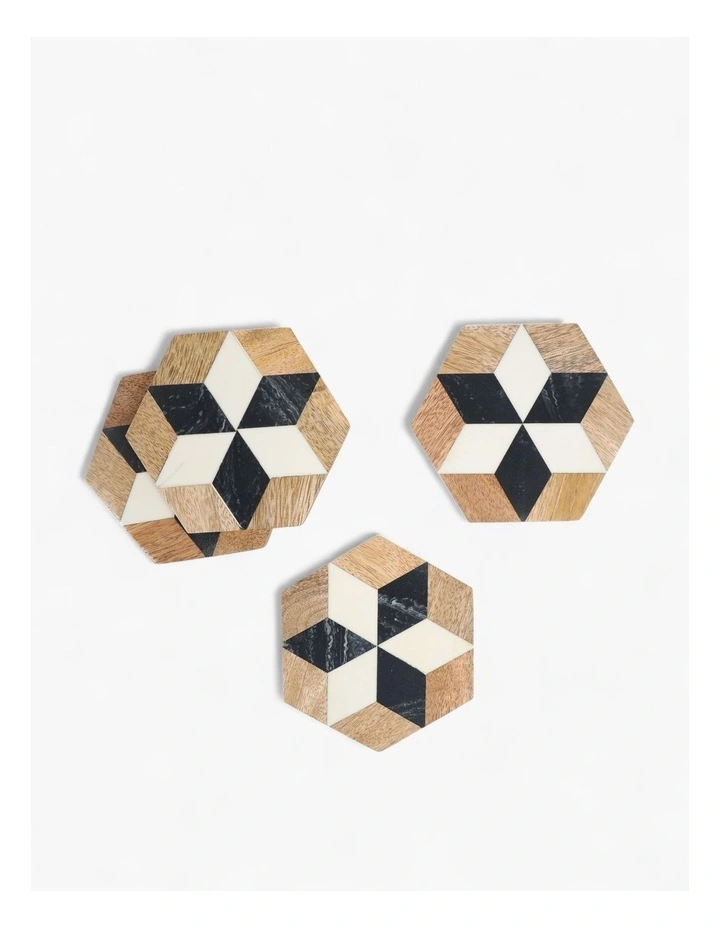 Artisanal Woodgrain Geometric Coasters Set of 4 in Beige image 2
