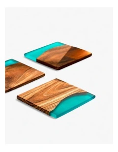 Luxury Feast Acacia Wood Coasters Set Of 4 in Turquoise