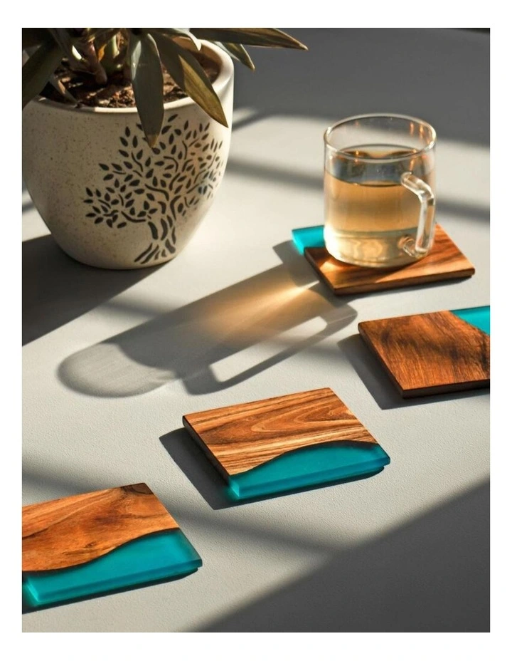 Luxury Feast Acacia Wood Coasters Set Of 4 in Turquoise image 2