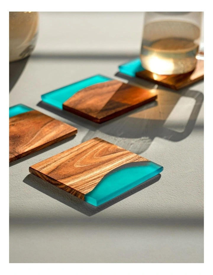 Luxury Feast Acacia Wood Coasters Set Of 4 in Turquoise image 3