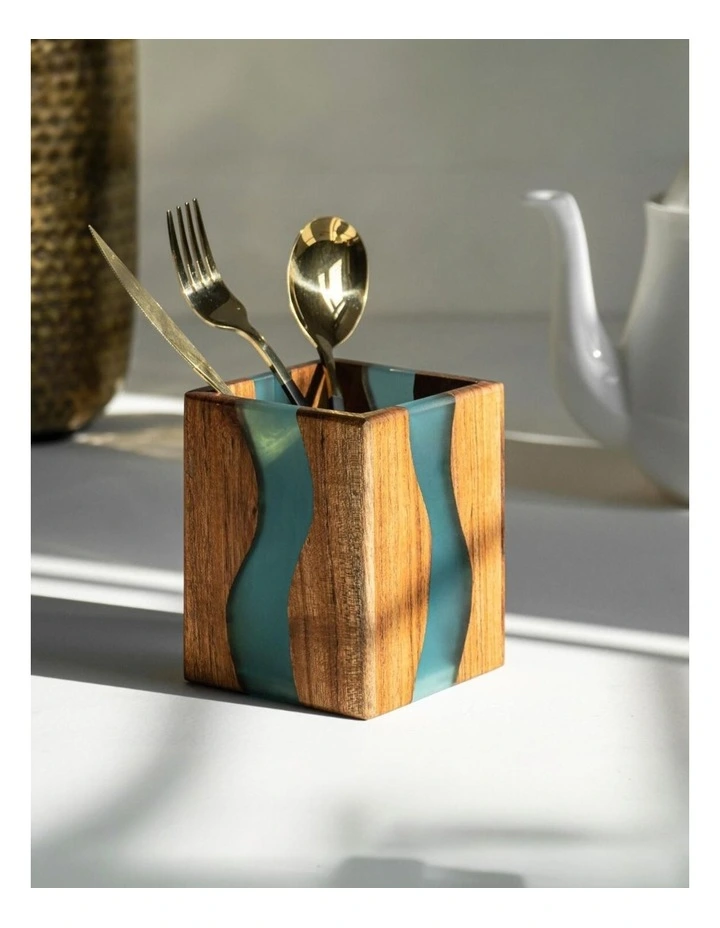 Luxury Feast Live Edge Acacia Wood Cutlery Holder in Turquoise image 2