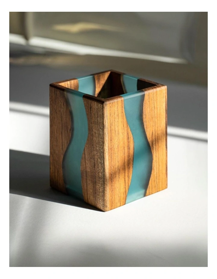 Luxury Feast Live Edge Acacia Wood Cutlery Holder in Turquoise image 3