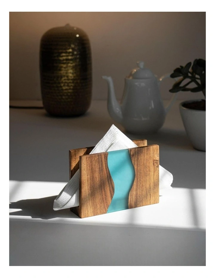 Luxury Feast Live Edge Acacia Wood Napkin Holder in Natural Blue image 2