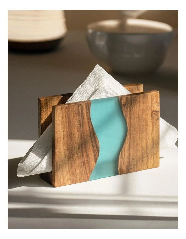 Luxury Feast Live Edge Acacia Wood Napkin Holder in Natural Blue image 3