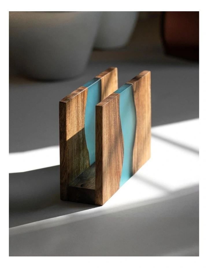 Luxury Feast Live Edge Acacia Wood Napkin Holder in Natural Blue image 4