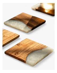 Luxury Feast Acacia Wood Coasters Set Of 4 in Natural White