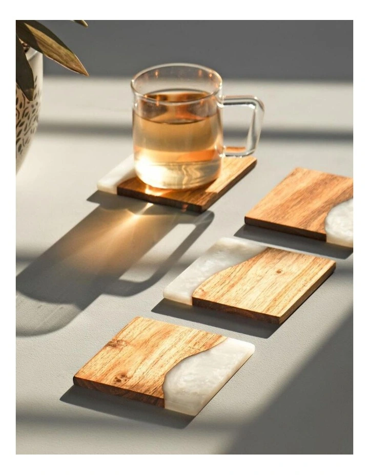 Luxury Feast Acacia Wood Coasters Set Of 4 in Natural White image 2