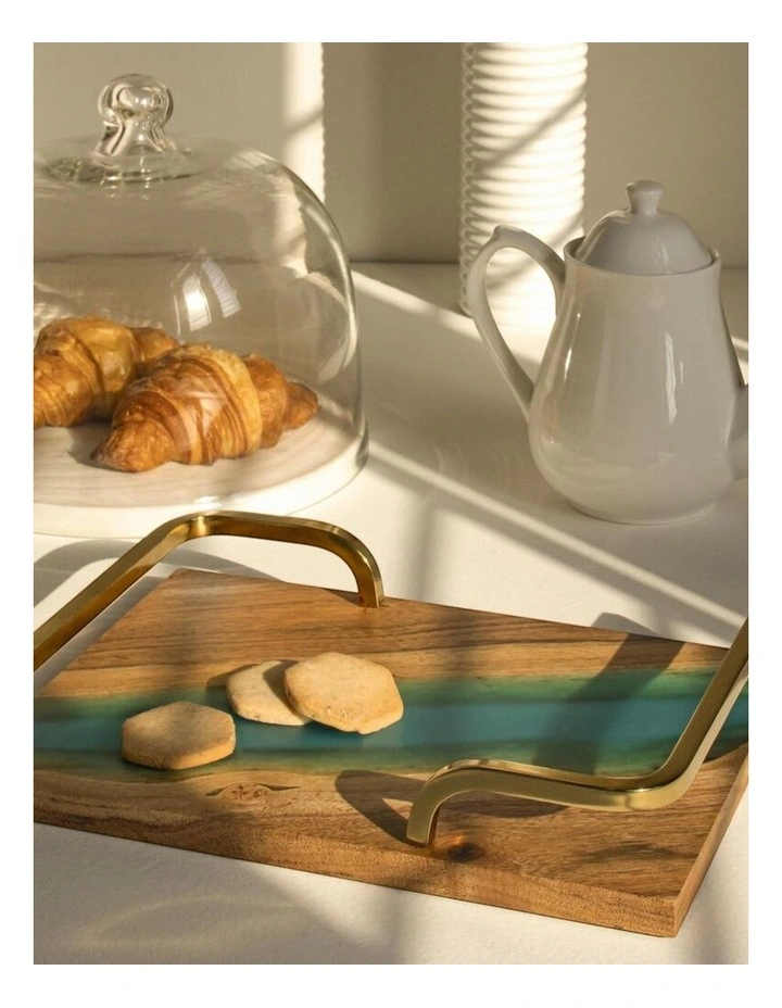Luxury Feast Acacia Wood Serving Tray in Natural Turquoise image 2