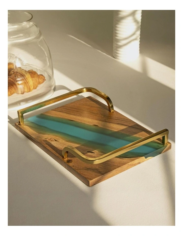 Luxury Feast Acacia Wood Serving Tray in Natural Turquoise image 3
