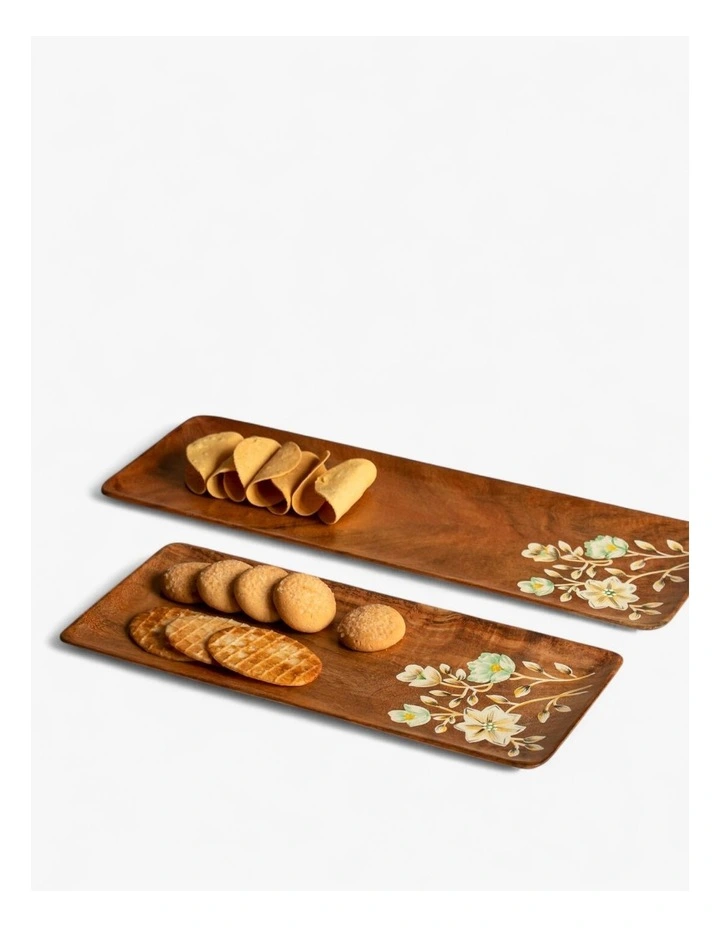 Hand Painted Wooden Floral Platters Set Of 2 in Natural image 1