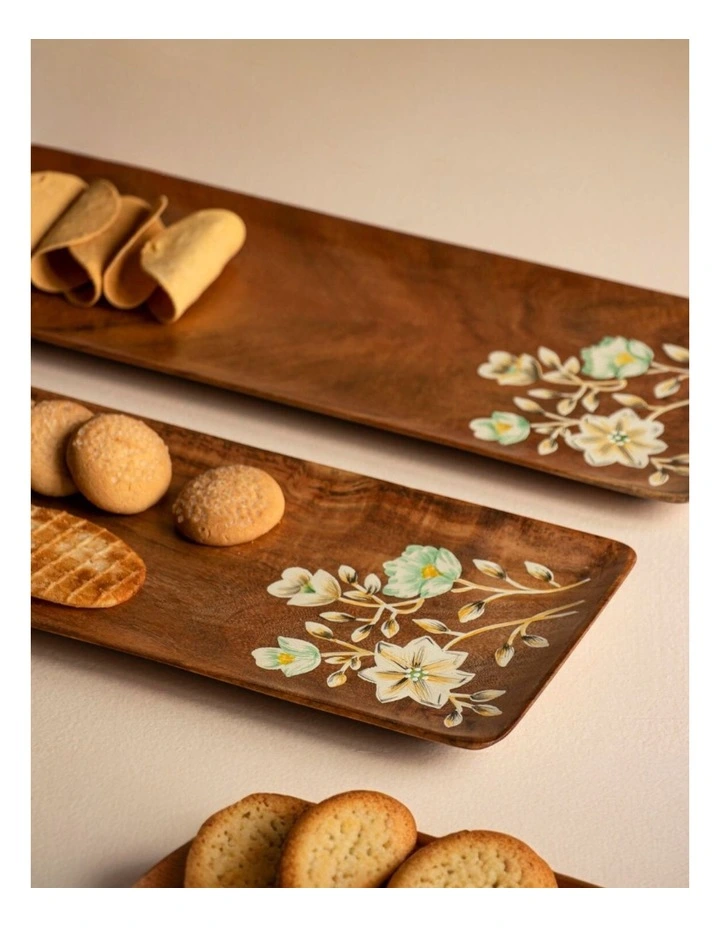Hand Painted Wooden Floral Platters Set Of 2 in Natural image 2