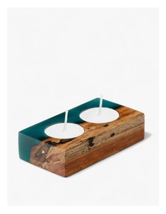 Sleek Handmade Acacia Wood Tea Light Holder in Natural Turquoise