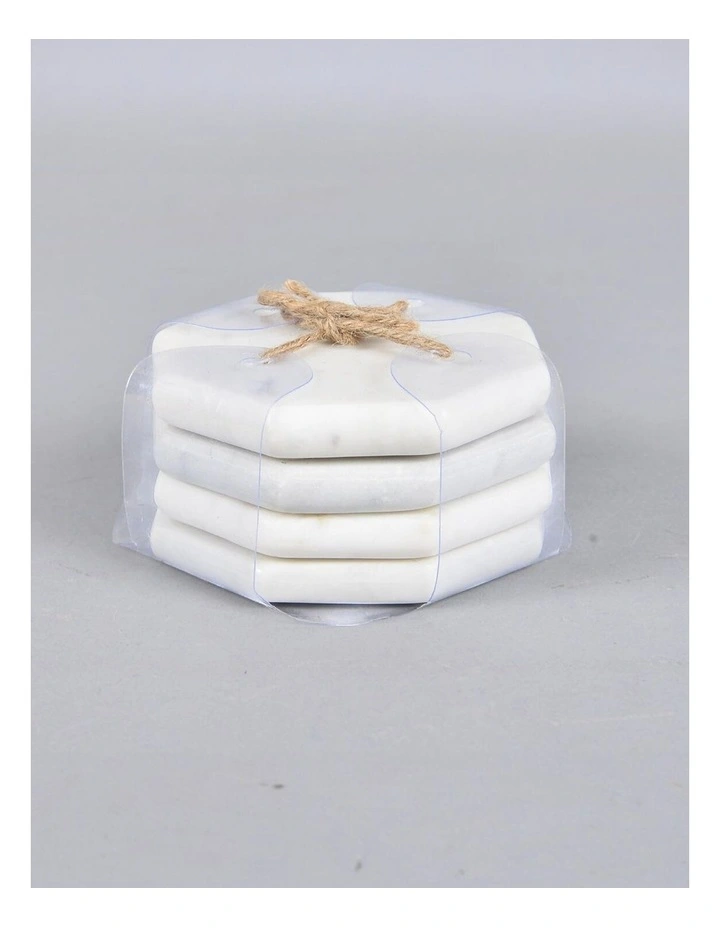 Hand Cut Marble Octagon Coasters Set of 4 in White image 2