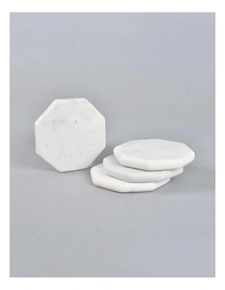 Hand Cut Marble Octagon Coasters Set of 4 in White image 3