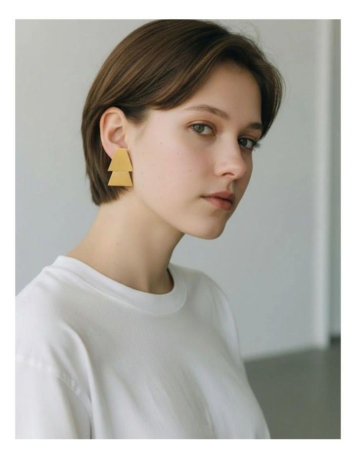 Brushed Metal Trapezium Earrings in Gold image 2